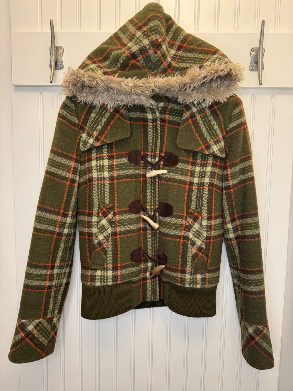 Rare Vintage Y2K Juicy Couture Olive Green Plaid Cottagecore Jacket w/Faux Fur